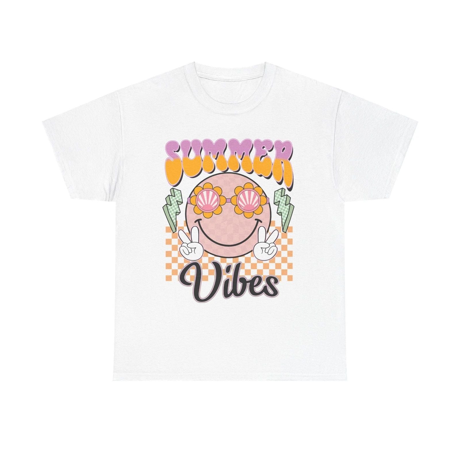 Summer Vibes Smiley T-Shirt | Retro Shell Sunglasses, Peace Signs