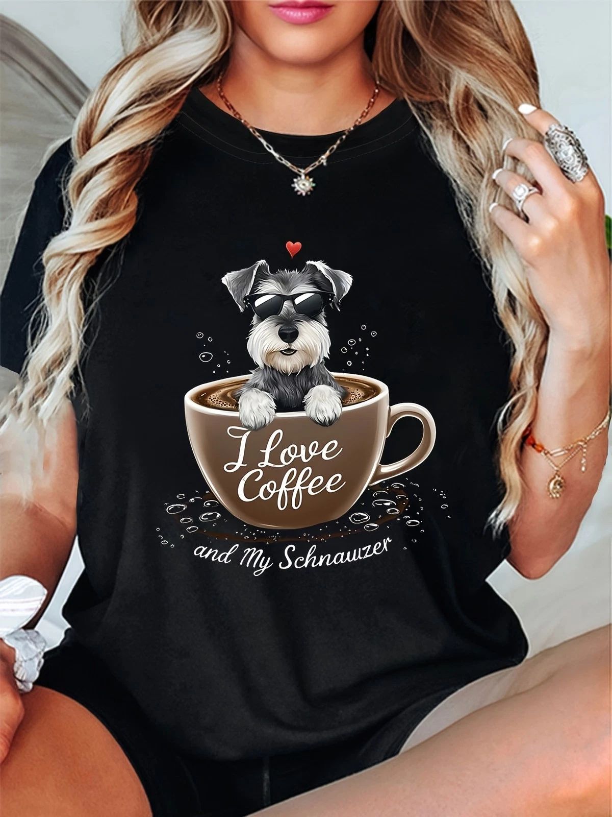 Wo I Love Coffee and My Schnauzer Graphic T-Shirt  Black Casual Round Neck Tee