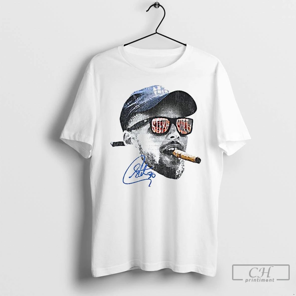 Classic Stephen Curry Smoking Golden State Warriors Big Head Signature Mens White Tee T Shirts