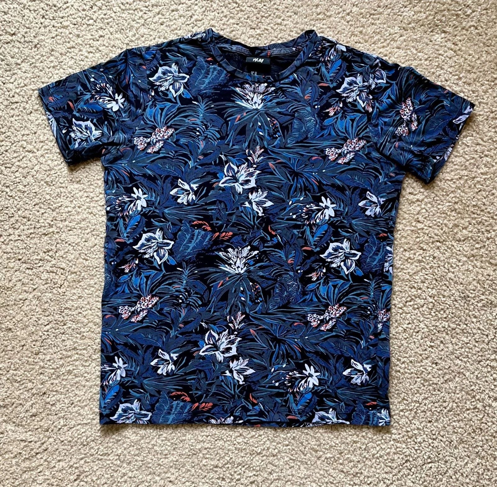 HM H&M Tropical Tonal Blue Summer T-Shirt Men's Black Slim Fit Size XS