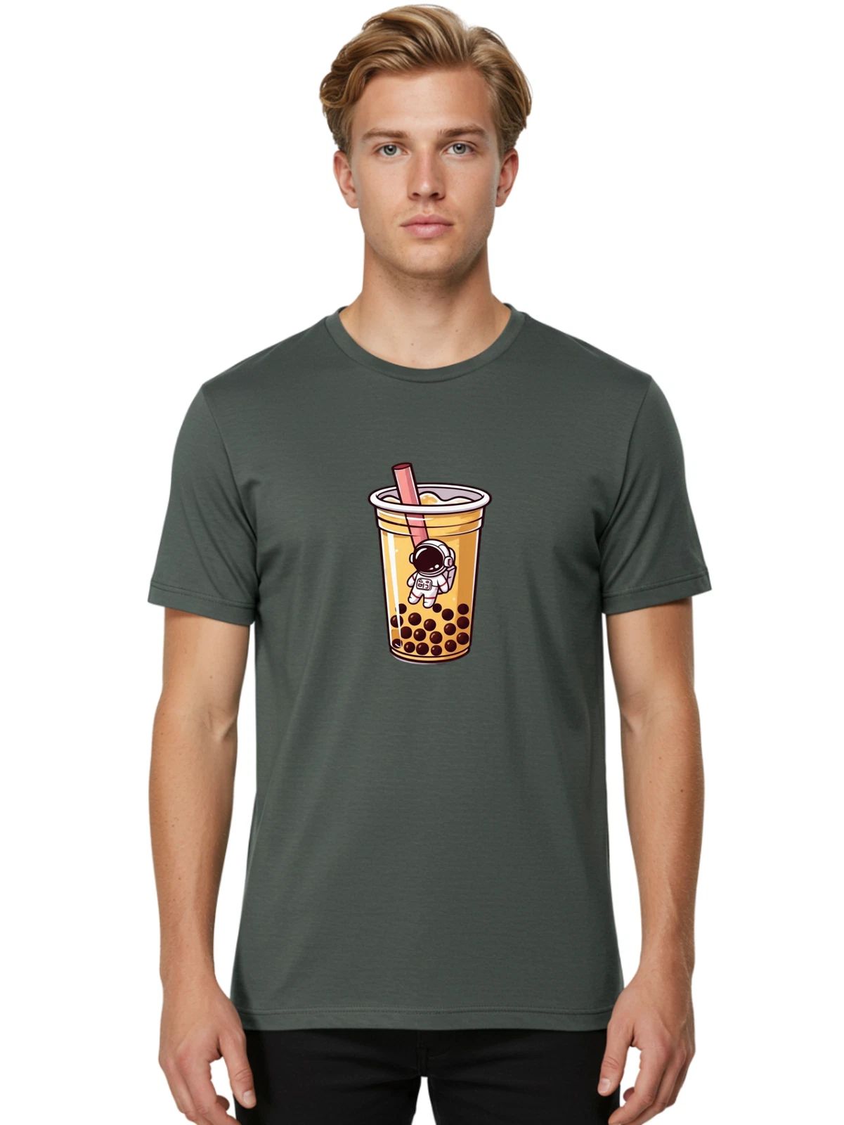 Astronaut-Bubble-Tea Mens Graphic Tee, 100% Cotton, Casual Summer Wear