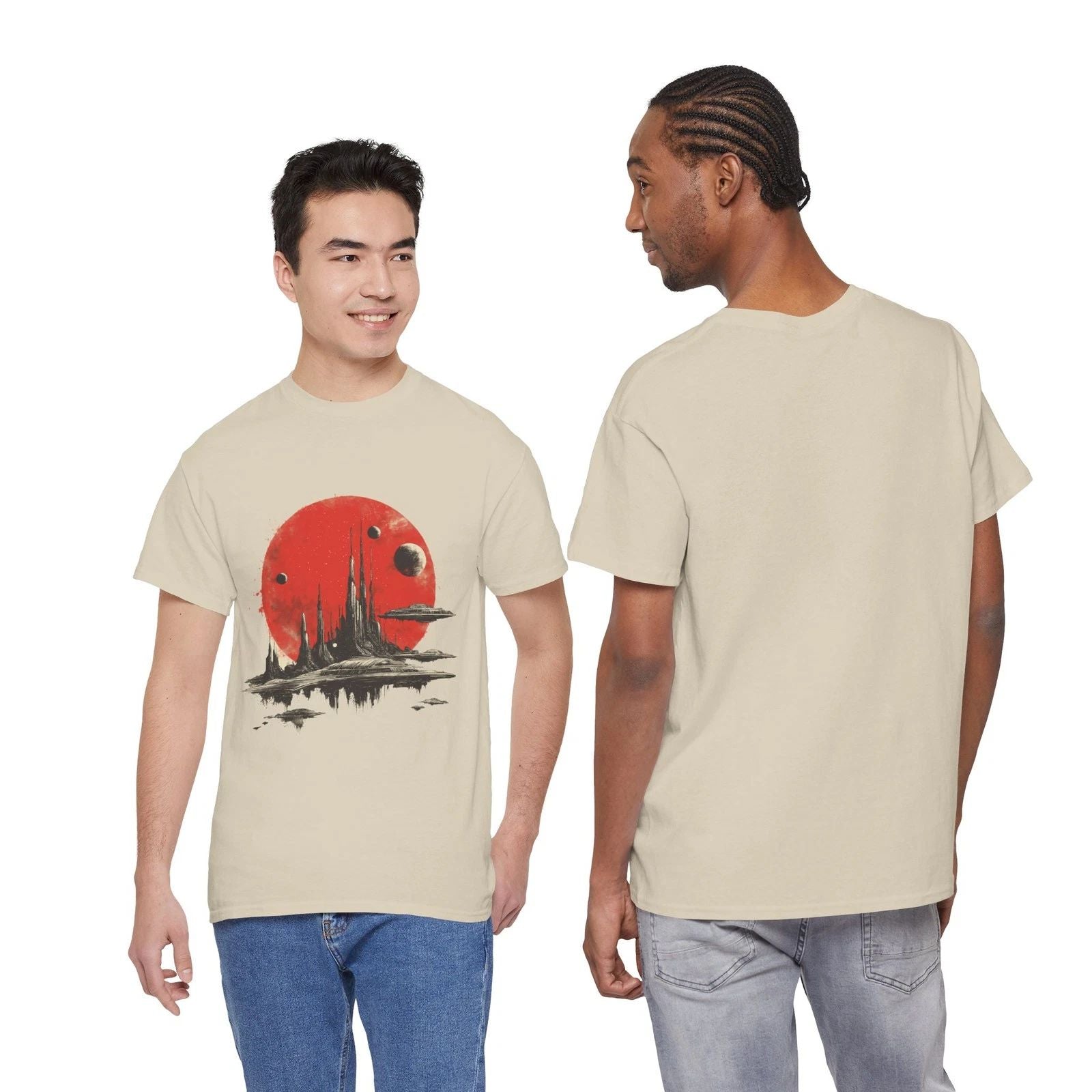 Cosmic Sunset Unisex Heavy Cotton Tee - Retro Space Art, Gift for Sci-Fi Lovers,