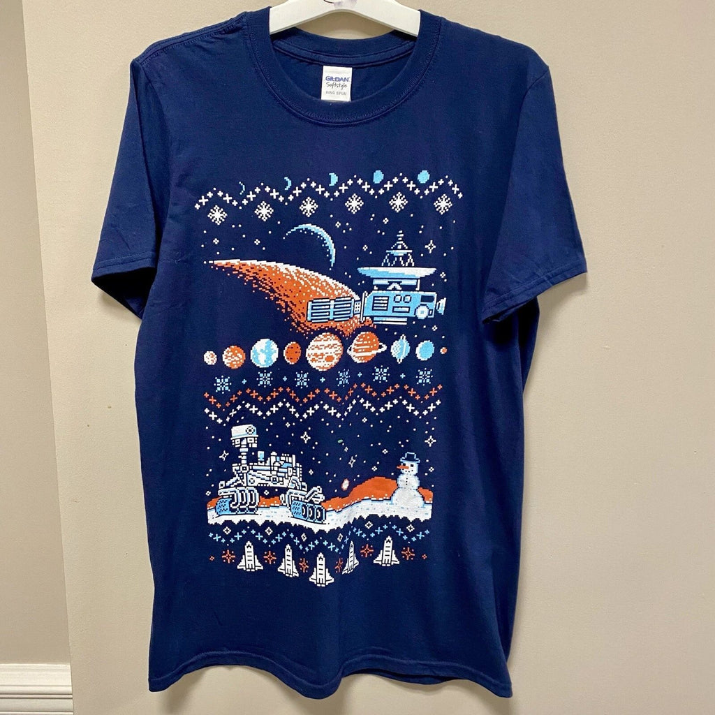 Gildan Sz S Space Inspired Christmas T Shirt Blue Red & White NWT