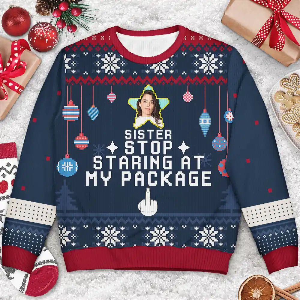 Custom Photo Stop Staring At My Package - Personalized Unisex Ugly Sweater