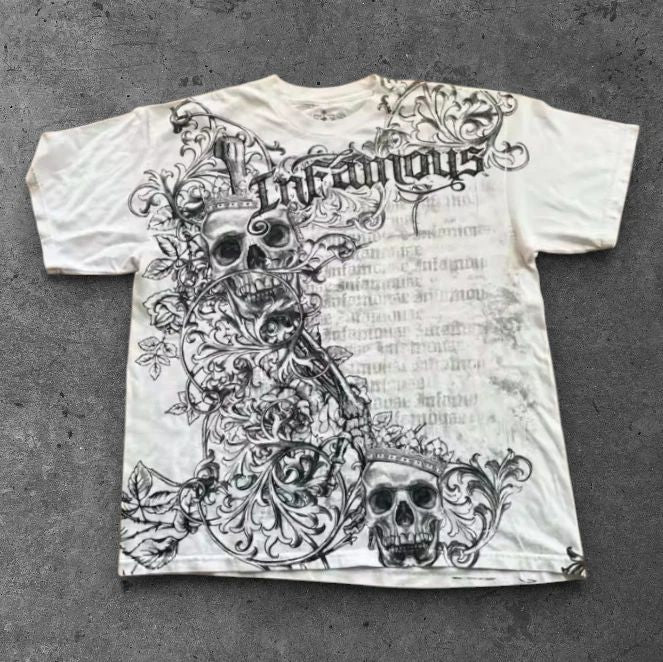 Mens Skull Crown Tee White Y2K Streetwear Grunge Affliction Style S-2XL