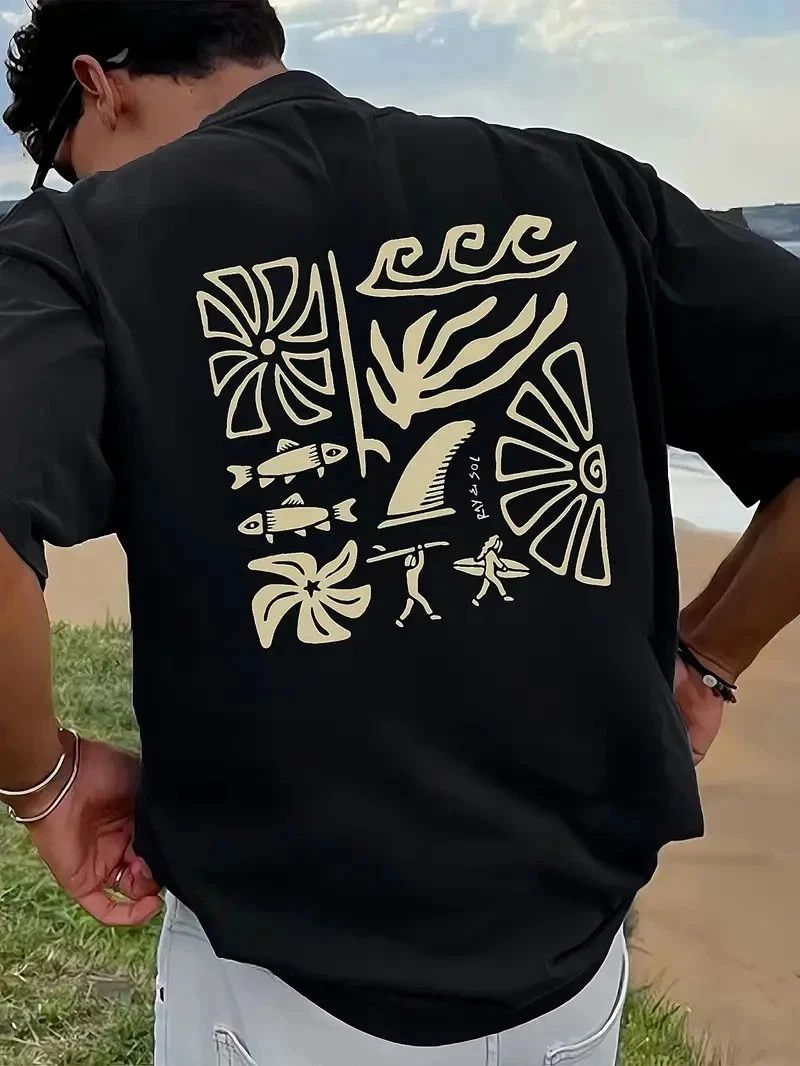 Surf T-Shirt Tropical Beach Graphic Black Yellow HOT ITEM