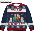 Couple You & Me And The Cats Cartoon Style - Anniversary, Christmas Gift For Cat Lovers, Couples - Personalized Unisex Ugly Sweater