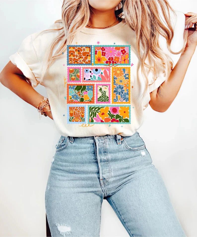 Retro Floral Stamp Comfort Tee Boho Style Soft Shirt Gift
