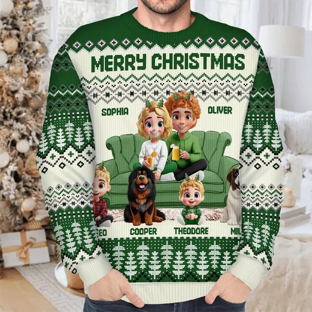 Cute Couple With Kids And Dogs 3D Effect - Personalized Unisex Ugly Sweater