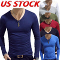 CHICTRY Men V Neck Shirt Muscle Tops Slim Fit Long Sleeve Stretch T-Shirt AU