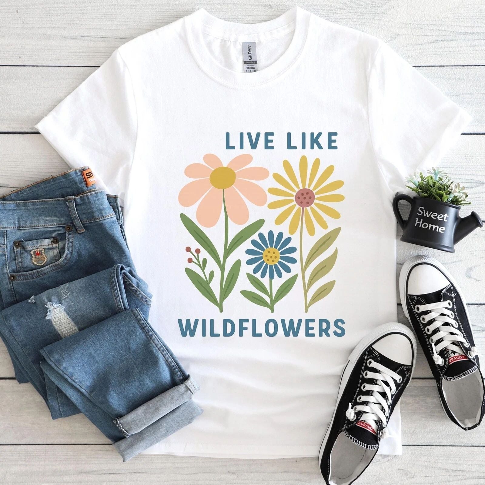 Floral T-Shirt, Boho Floral Print,Women T-Shirt Back Print,Wildflower Sand Tee #