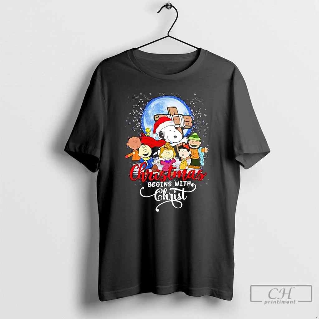 Classic Peanuts Characters Christmas Begins With Christ T Shirts