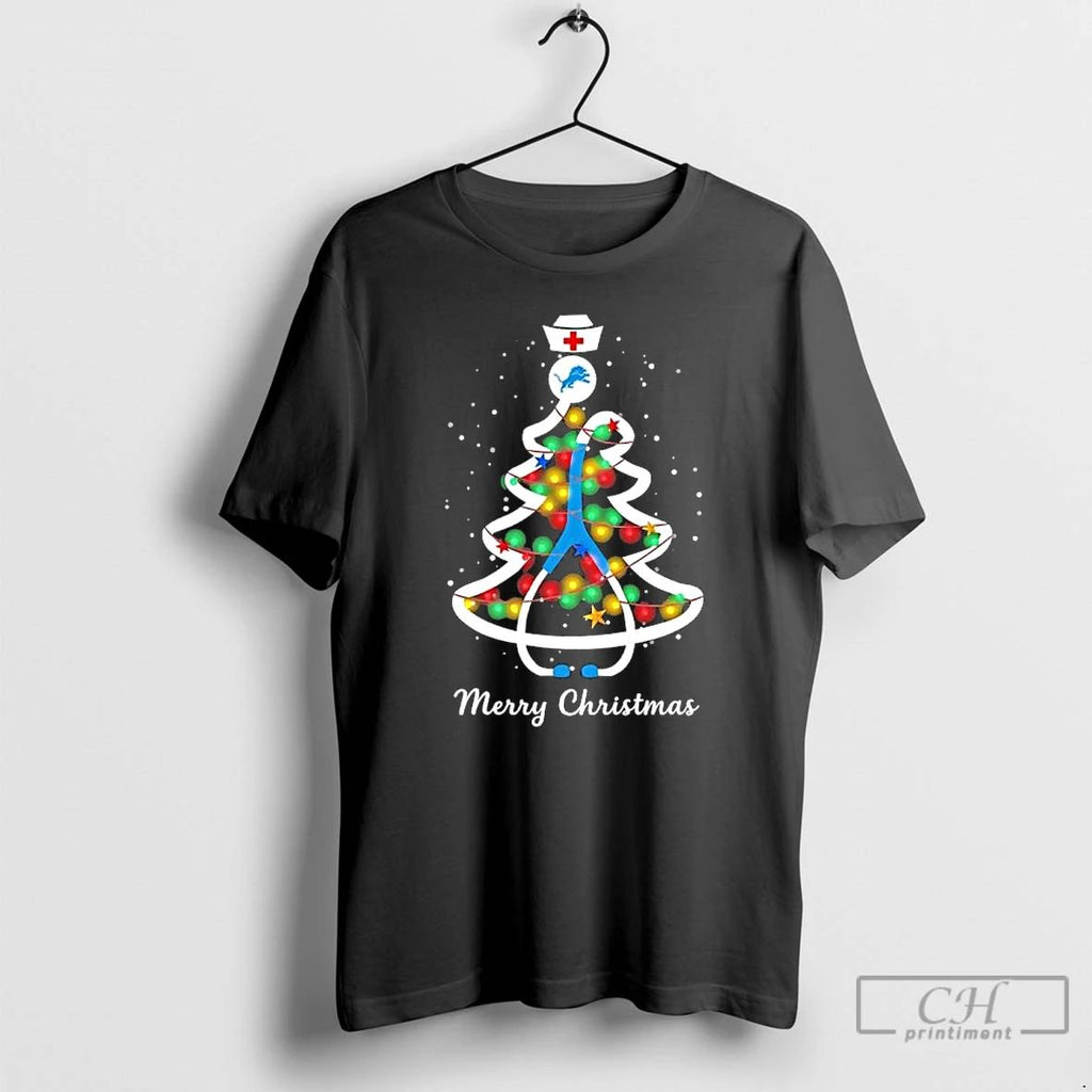 Classic Detroit Lions Stethoscope Nurse Christmas Tree T Shirts