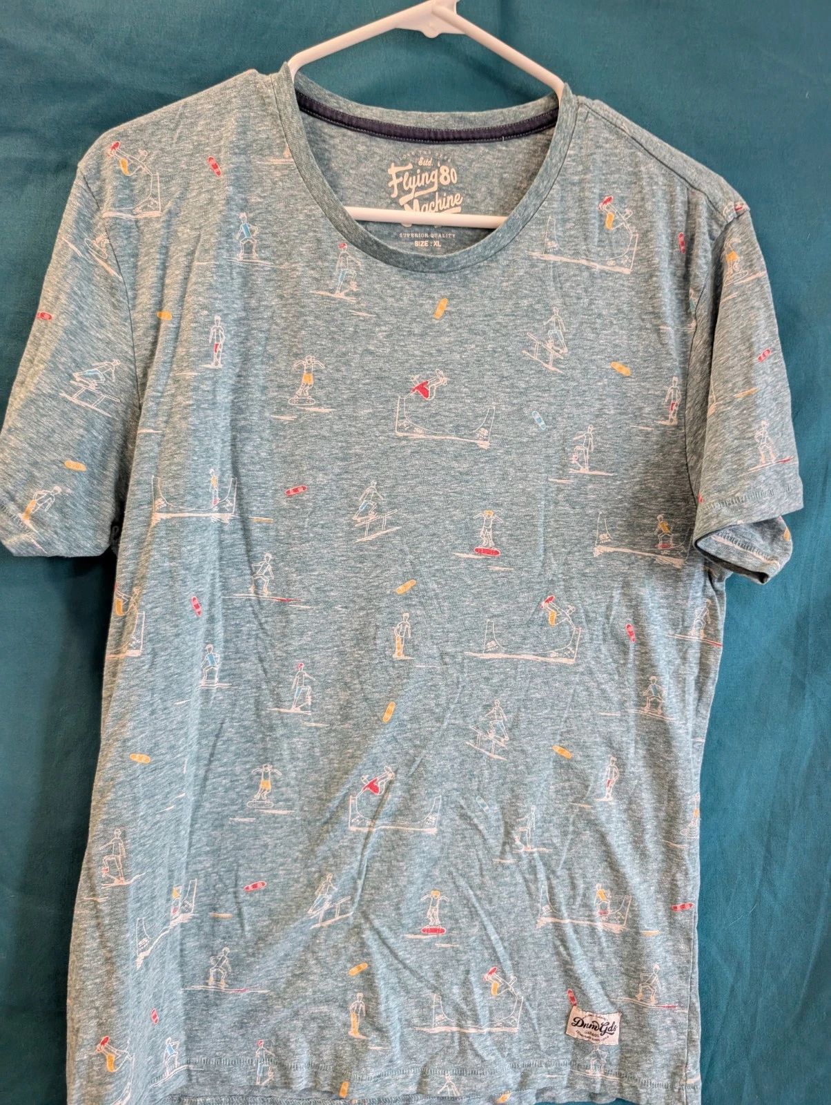 Flying Machine Surf Paddleboard Tee XL Aqua Blue Allover Beach Print