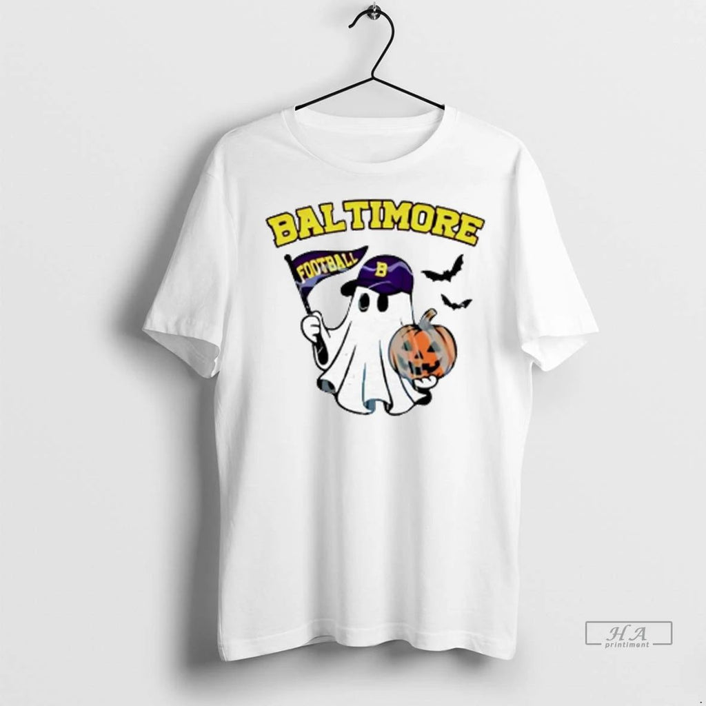 Officials Trendy Halloween Ghost Baltimore Ravens Football Flag Pumpkin Ladies Shirt Sweater