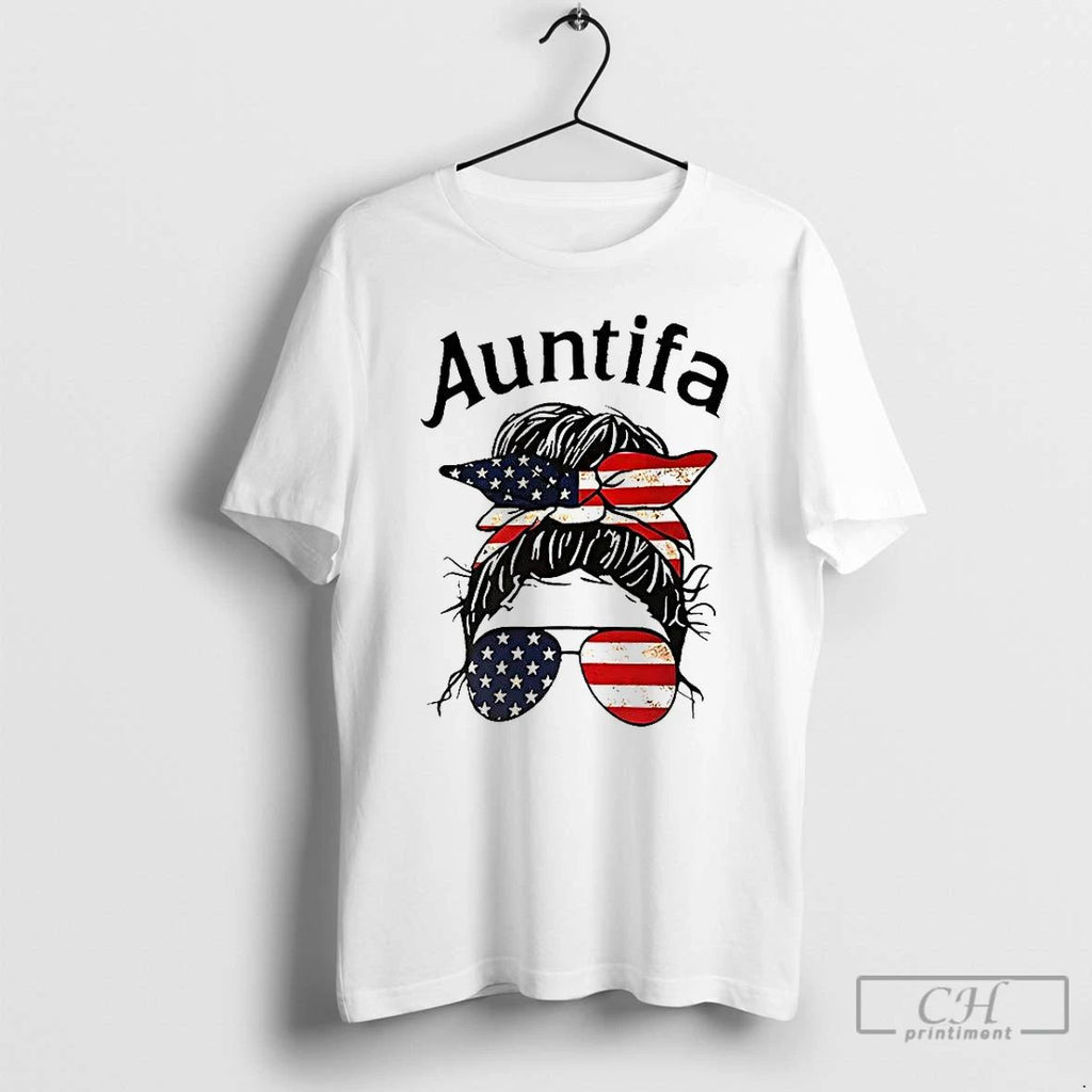 Classic Auntifa Woman With Bun Hairstyle Wearing American Flag Headband And Sunglasses T Shirts