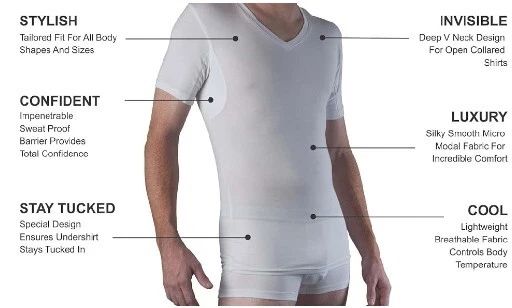 Sweatproof Men's Undershirt with 100% Stop Underarm Sweat Pads, White V-Neck, S