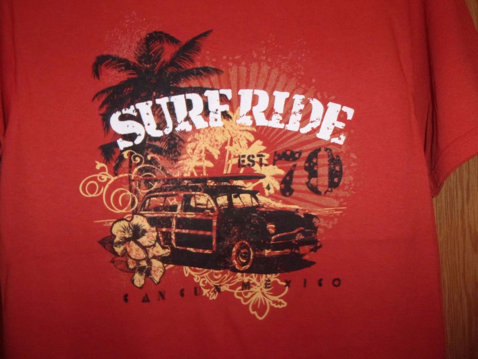 Surf Ride Cancun Mexico orange graphic Woody Wagon n Surfboard S t shirt
