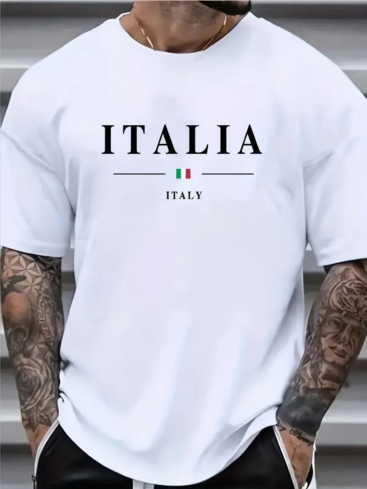 en's Italian Flag T-Shirt - Heavyweight 100% Cotton Crewneck Tee with ITALIA Gra
