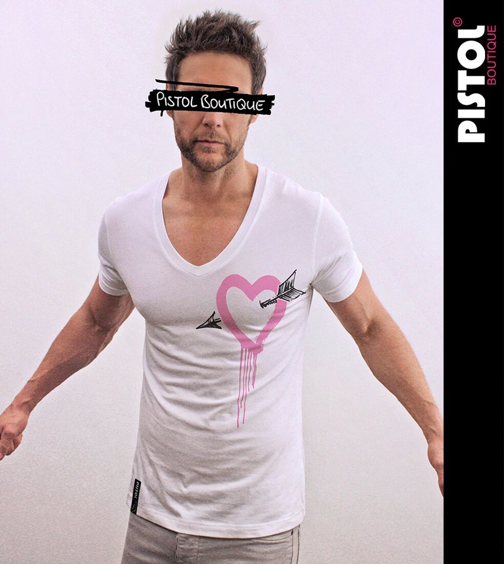 Pistol Boutique men's Fitted White Deep V neck ARROW DRIBBLE HEART T-shirt