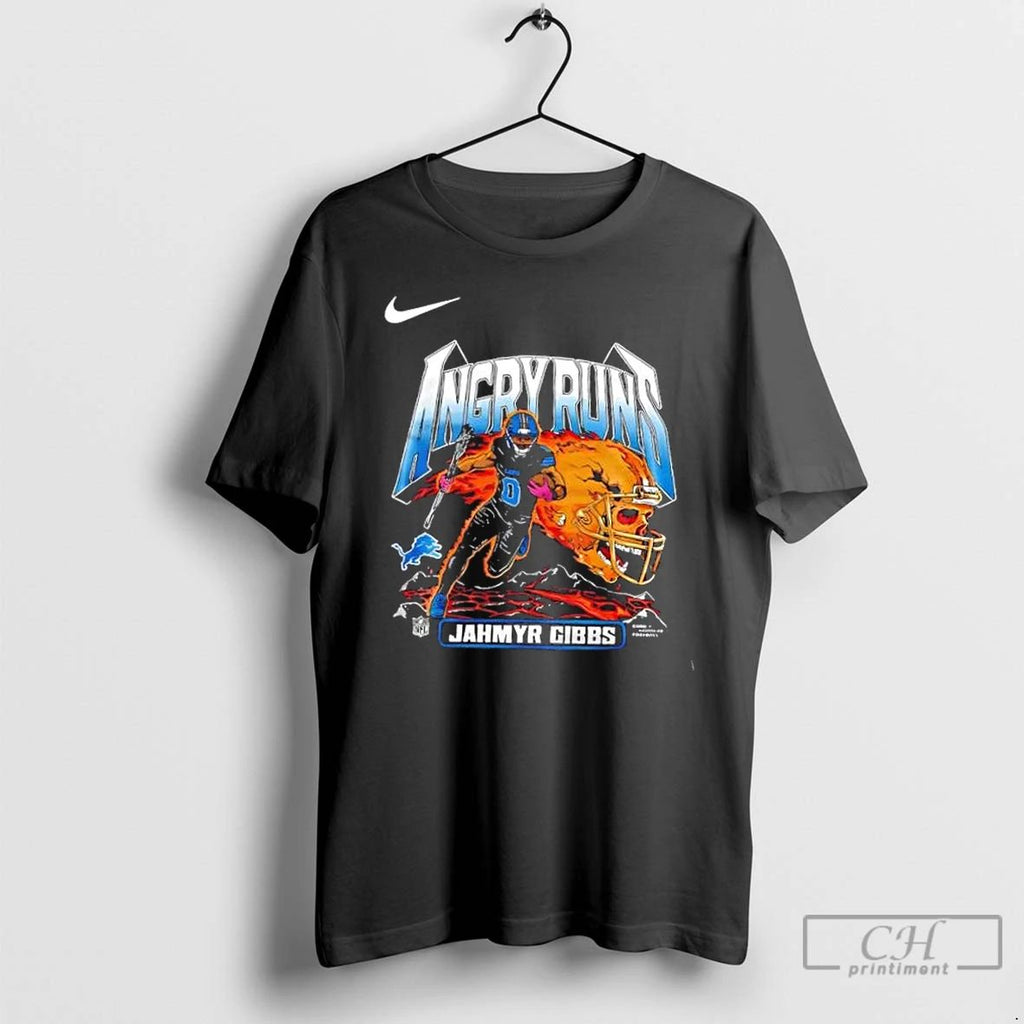 Classic Detroit Lions Angry Runs Jahmyr Gibbs Skull Football Helmet 2 Sided T Shirts