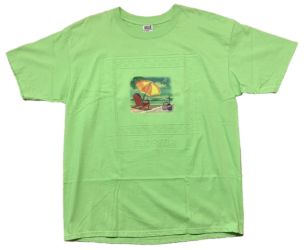 Florida Beach Scene 3D Embossed Letters & Border T-shirt Size XL Lime Green Nice