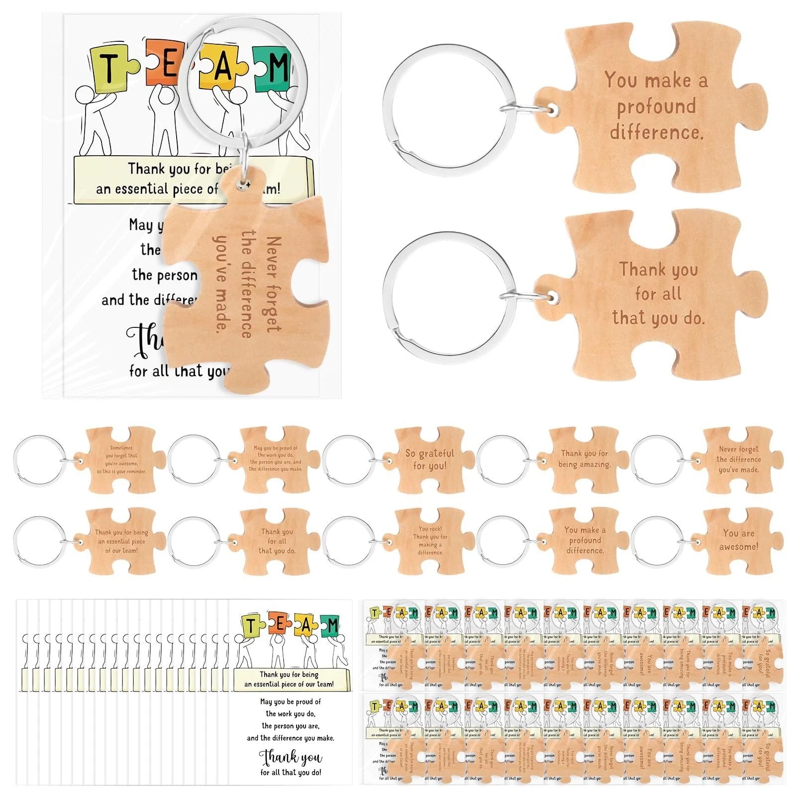 30 Sets Team Appreciation Gifts Wooden Puzzle Piece Keychain with Thank You C...