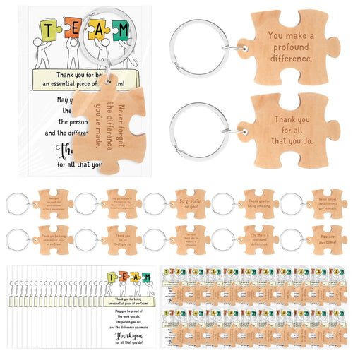 30 Sets Team Appreciation Gifts Wooden Puzzle Piece Keychain with Thank You C...
