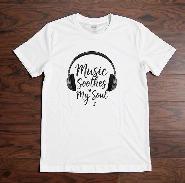 Gildan White Cotton Men's T-Shirt Music Soothes My Soul Headphones Graphic Print