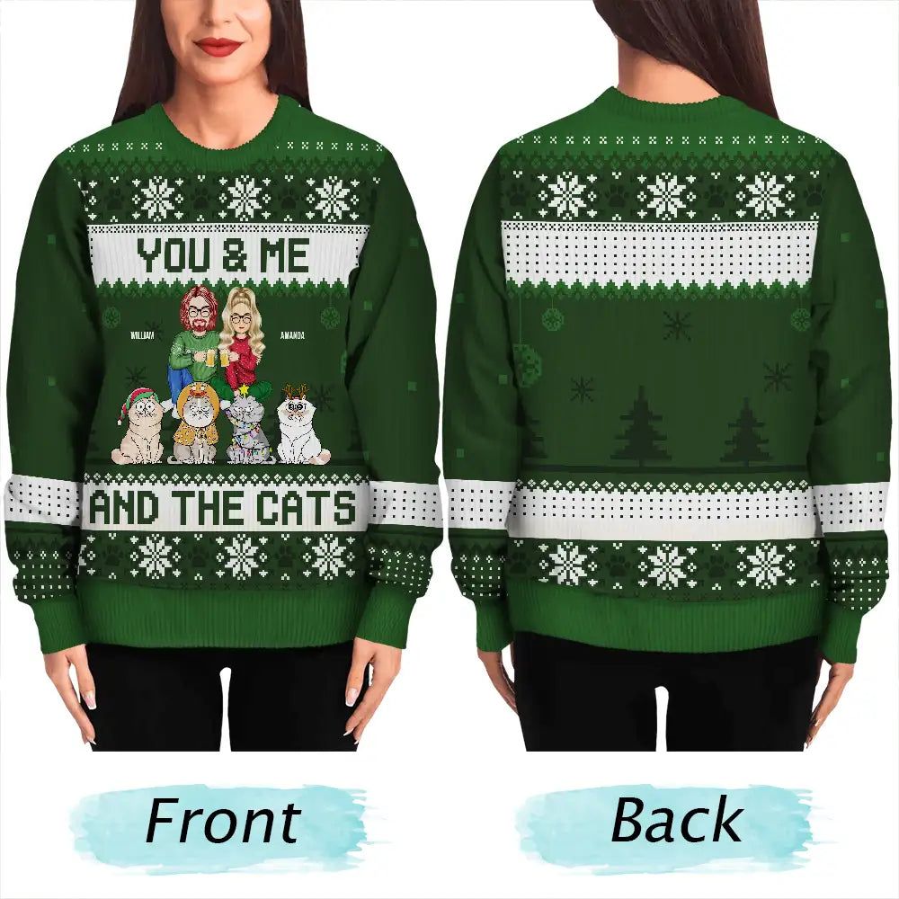 Couple You & Me And The Cats Cartoon Style - Anniversary, Christmas Gift For Cat Lovers, Couples - Personalized Unisex Ugly Sweater