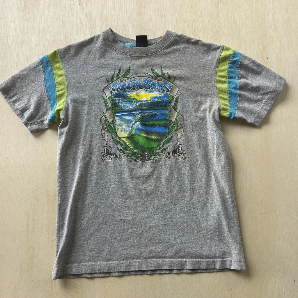 Y2K Maui And Sons Surf Shirt Mens Medium Gray Ride Free Graphic Tee T-Shirt