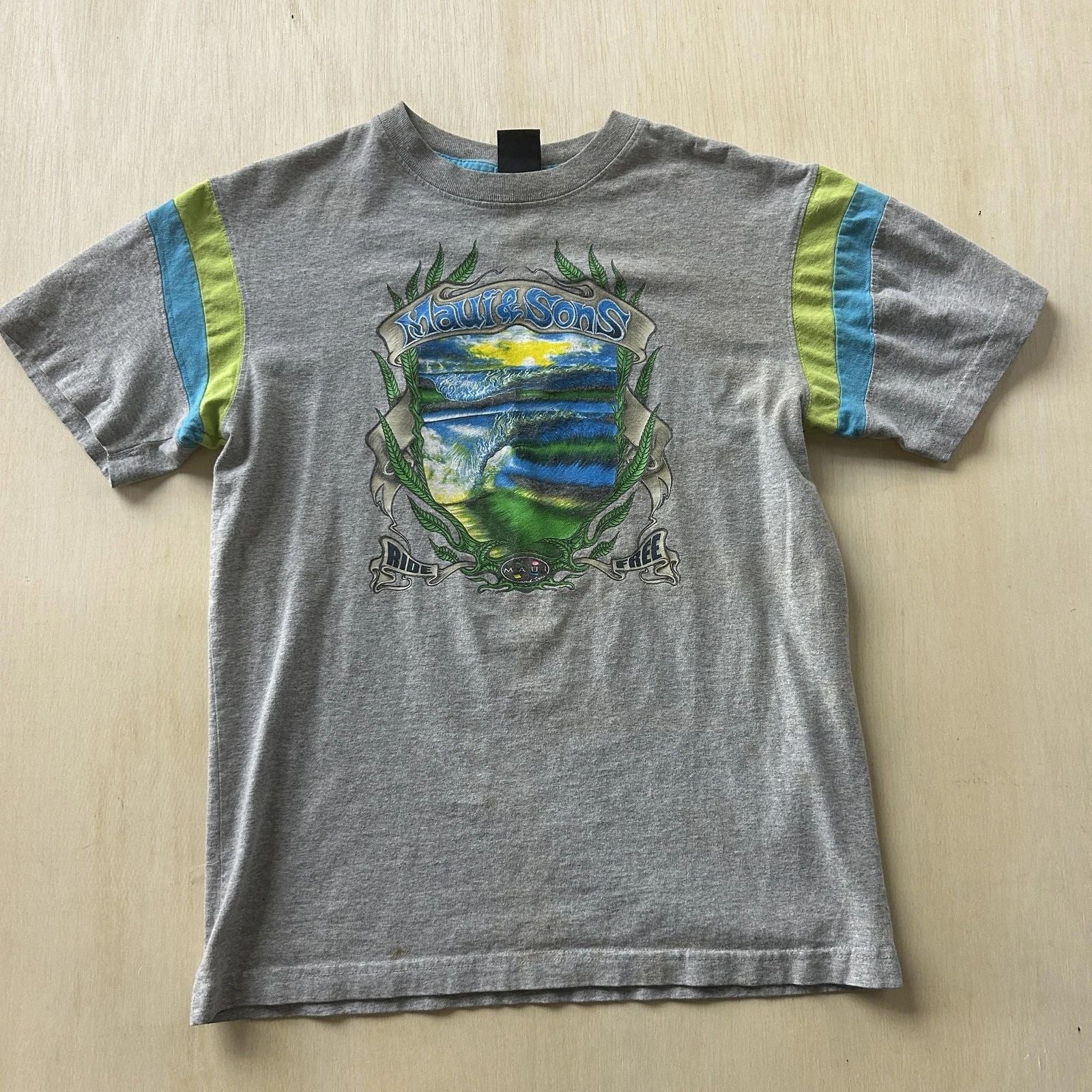 Y2K Maui And Sons Surf Shirt Mens Medium Gray Ride Free Graphic Tee T-Shirt