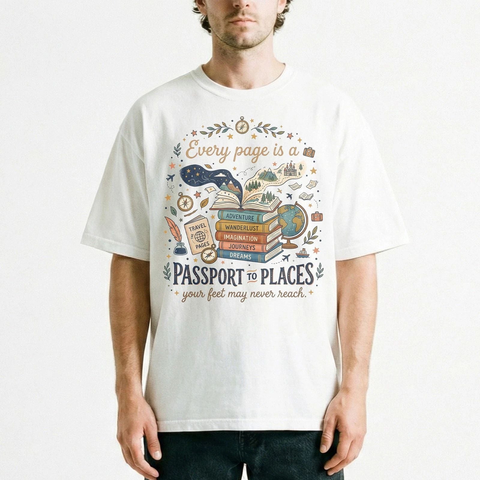 Adventure Stack Books Compass Vintage Graphic T-Shirt Reader Travel Gift Tee