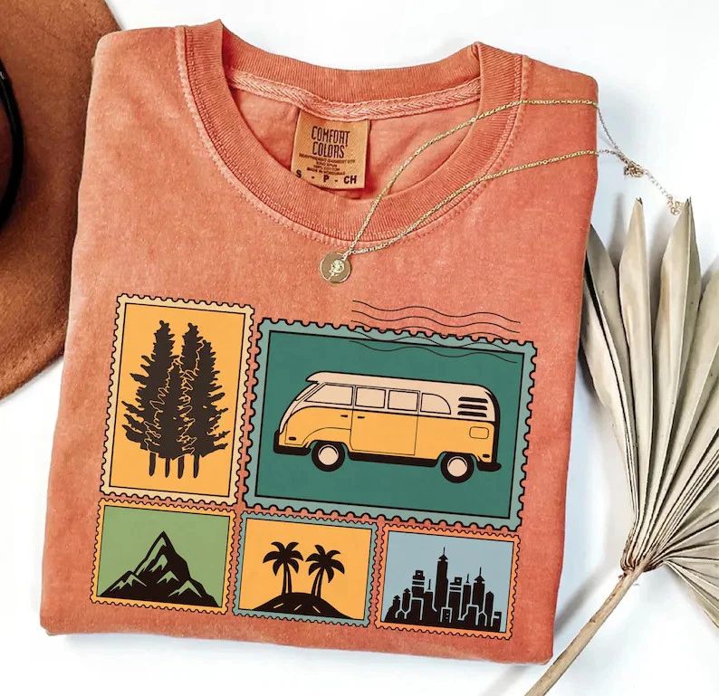 Retro Camping Postage Stamp Comfort Tee Boho Vintage Shirt Gift Idea