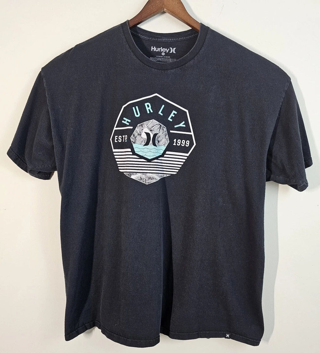 Hurley Surf Hawaiian T Shirt Mens XXL 2XL Black Crew Tee Graphic Short Sleeve