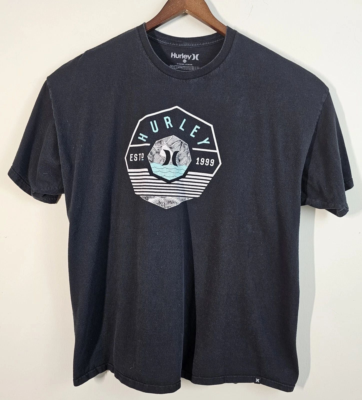 Hurley Surf Hawaiian T Shirt Mens XXL 2XL Black Crew Tee Graphic Short Sleeve