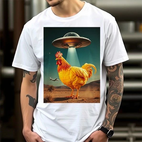 Funny ROOSTER CHICKEN UFO Animal Farm Cool Sci Fi T-Shirt for Gift Idea Tee Top