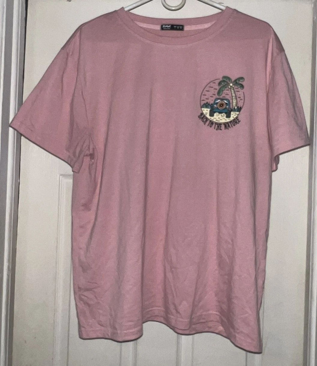 Romwe Shirt Mens Large Pink Back To The Nature Graphic Palm Tree Beach Car Tee