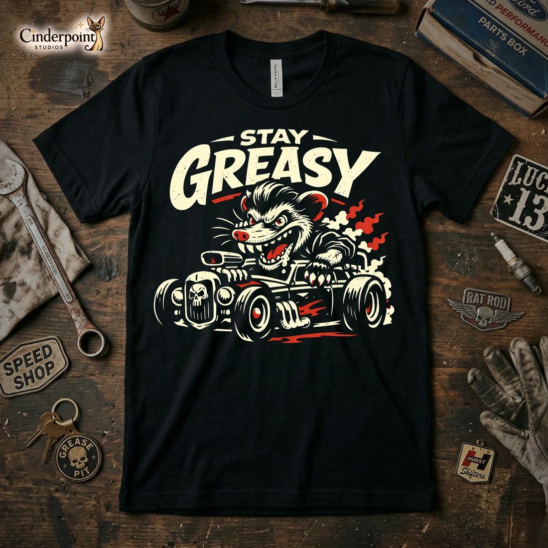 Stay Greasy T-Shirt Rat Rod Possum Lowbrow Art Graphic Tee Hot Rod Garage XS-5X