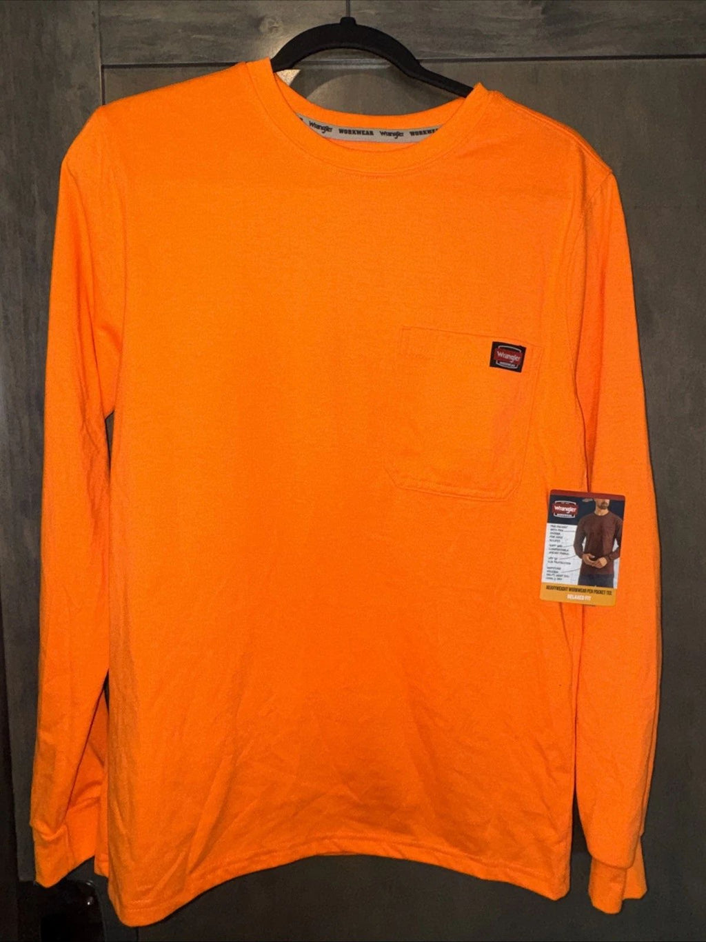 Wrangler Workwear Men Long Sleeve Pocket T-Shirt/ Small 34-36 Bright Orange NWT