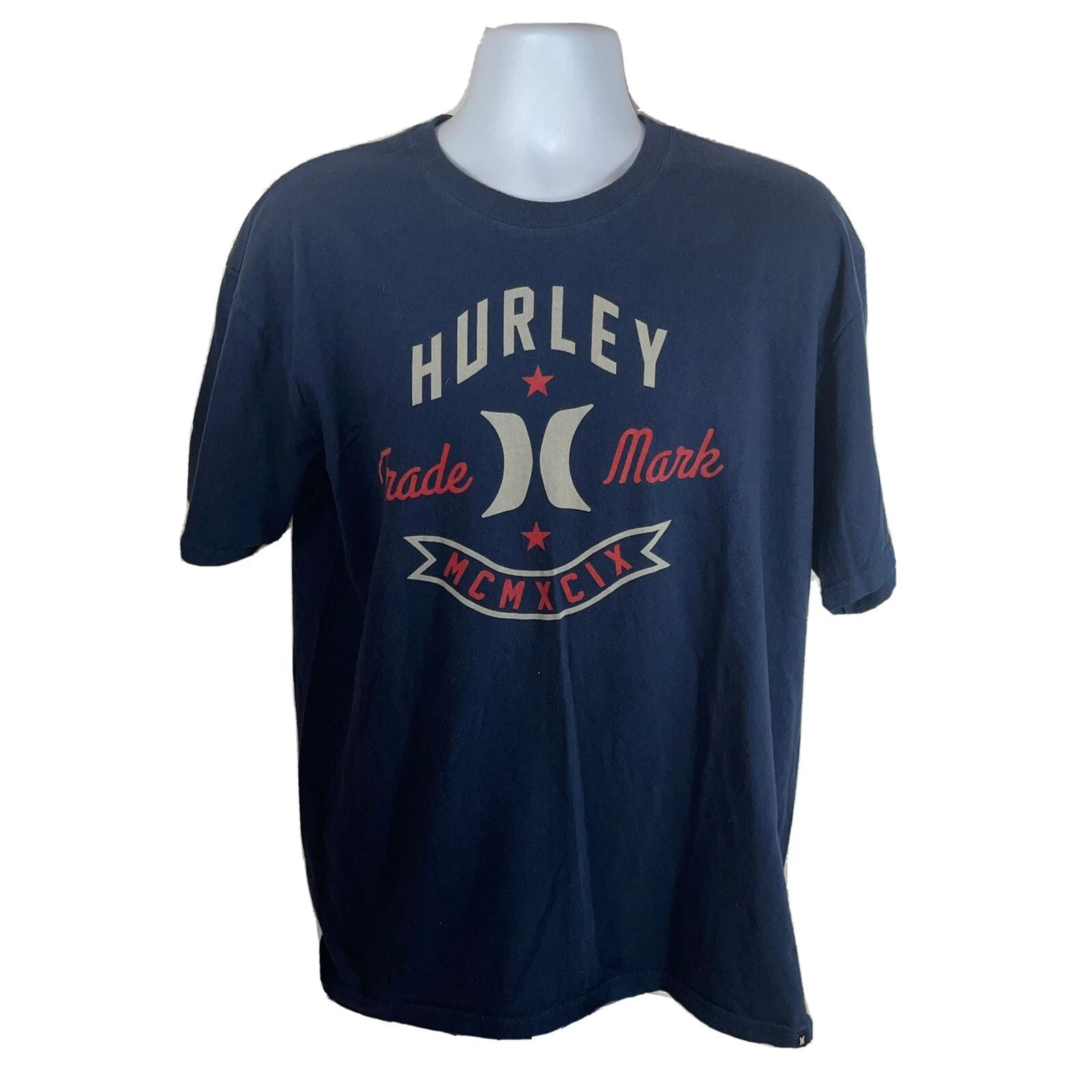 HURLEY T SHIRT Mens XL Navy Blue Logo Surfing Brand Front Graphic Trade Mark EUC