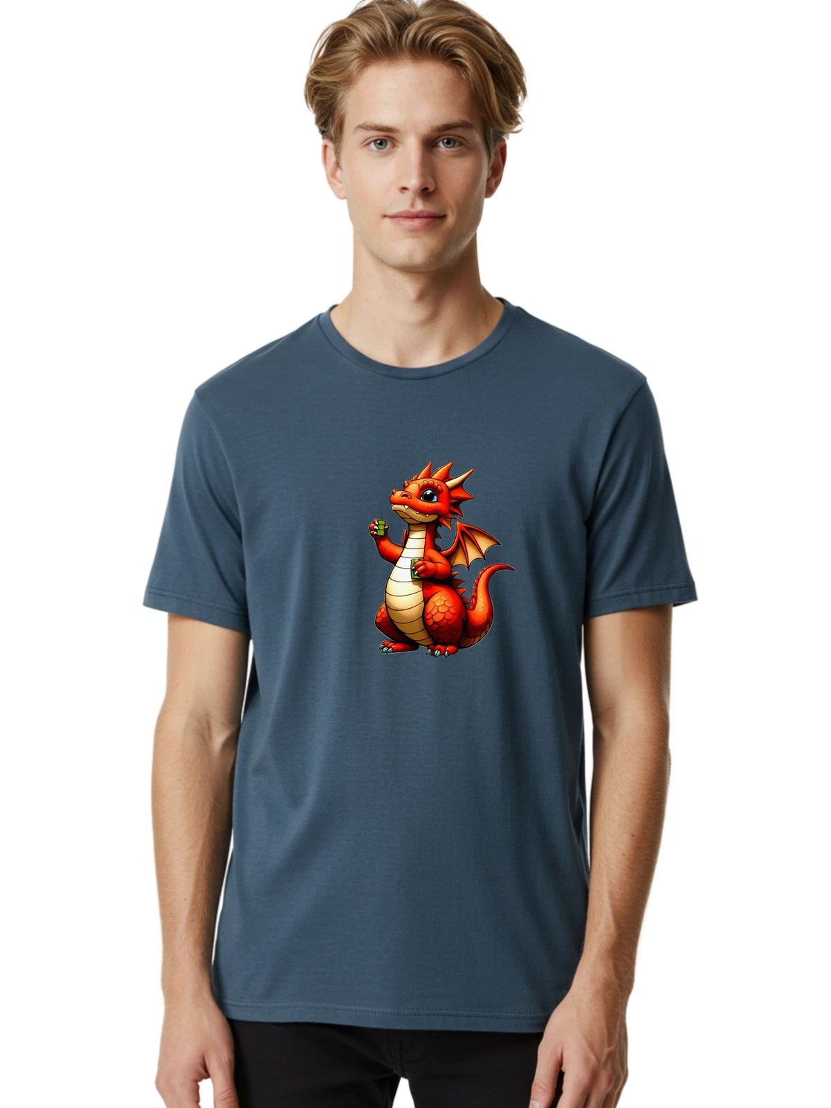 Dragon-With-Money-And-Drink Mens Graphic Tee, 100% Cotton, Casual Summer Wear