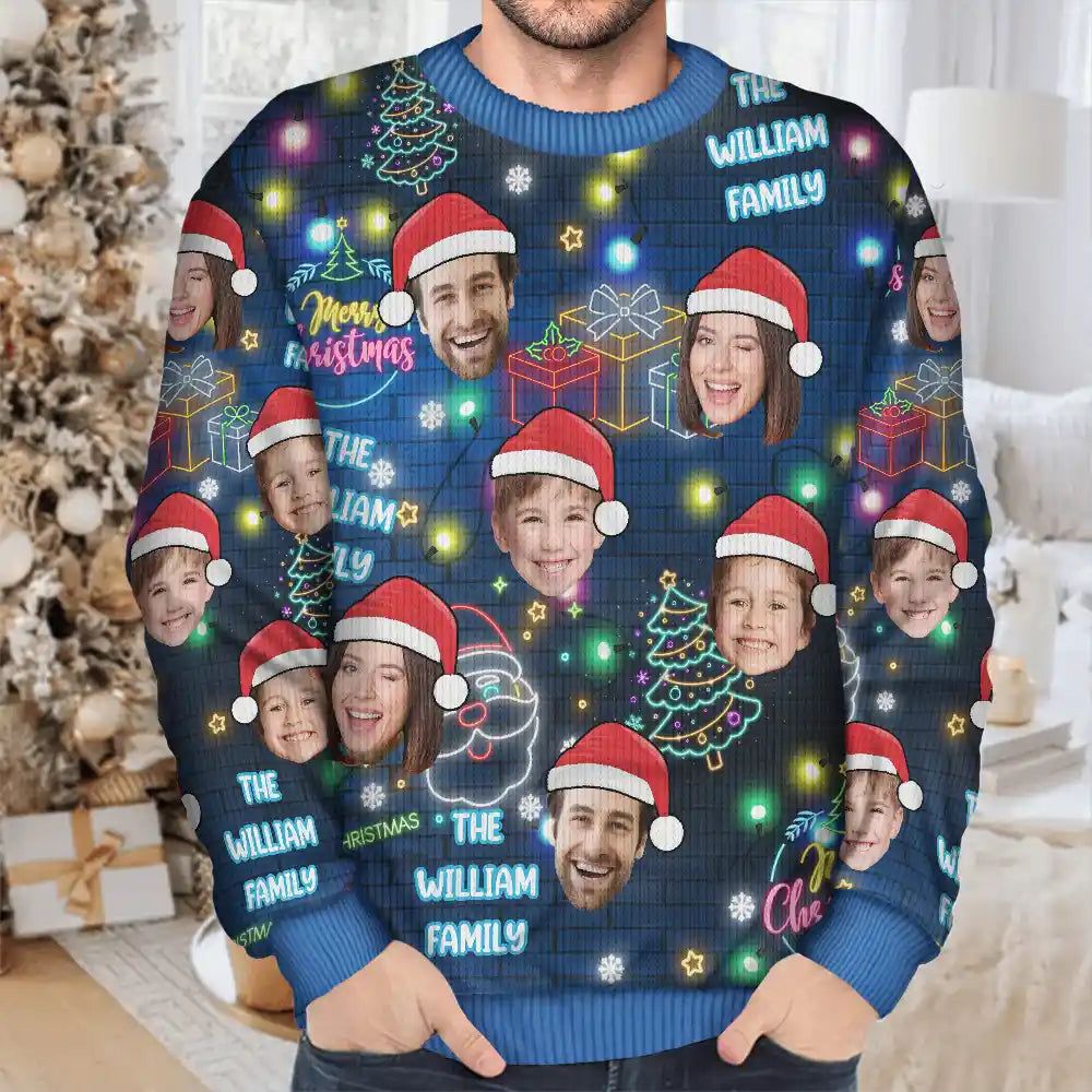 Custom Photo Funny Family Pet Face Neon Light Style - Personalized Unisex Ugly Sweater