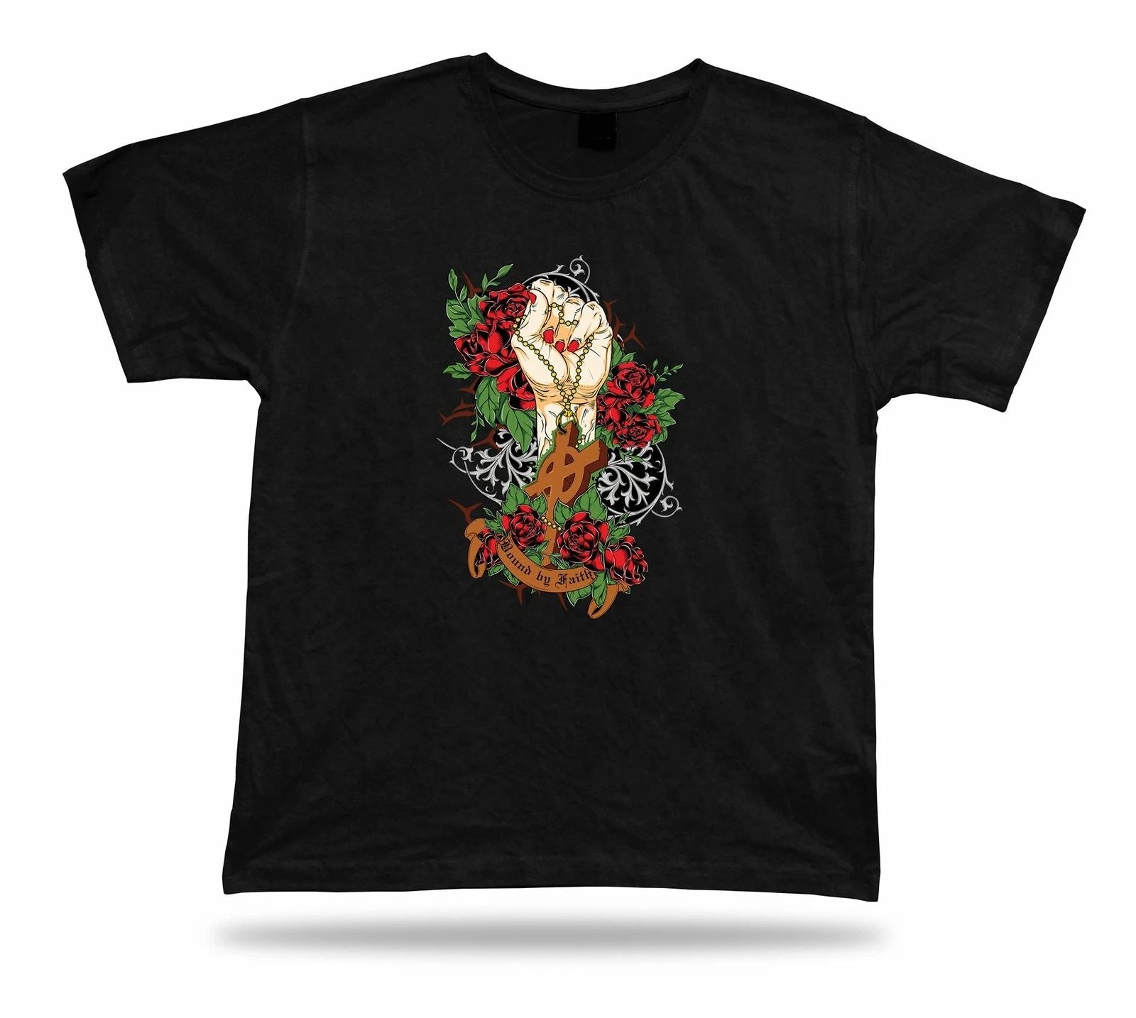 Tshirt Tee Shirt Birthday Idea Gift Bound Faith  Hand Cross Roses Stylish Chain