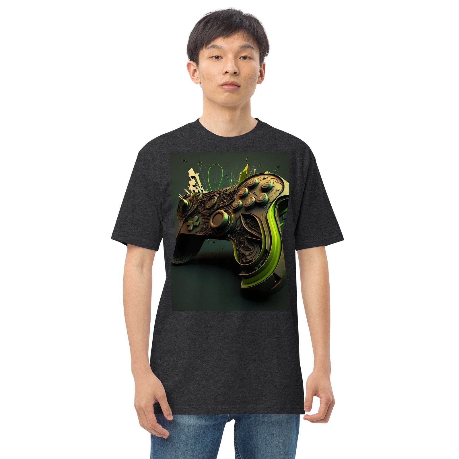 Men’s premium heavyweight tee Forest Green abstract Controller navy shirt