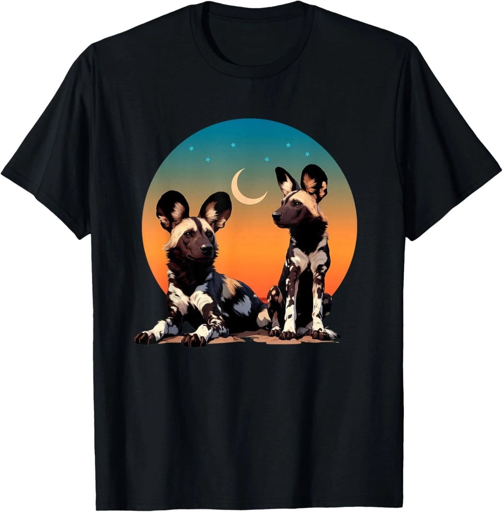 African Painted Wild Dogs Sunset Moon Wild Dog Lovers Design T-Shirt - USA Size