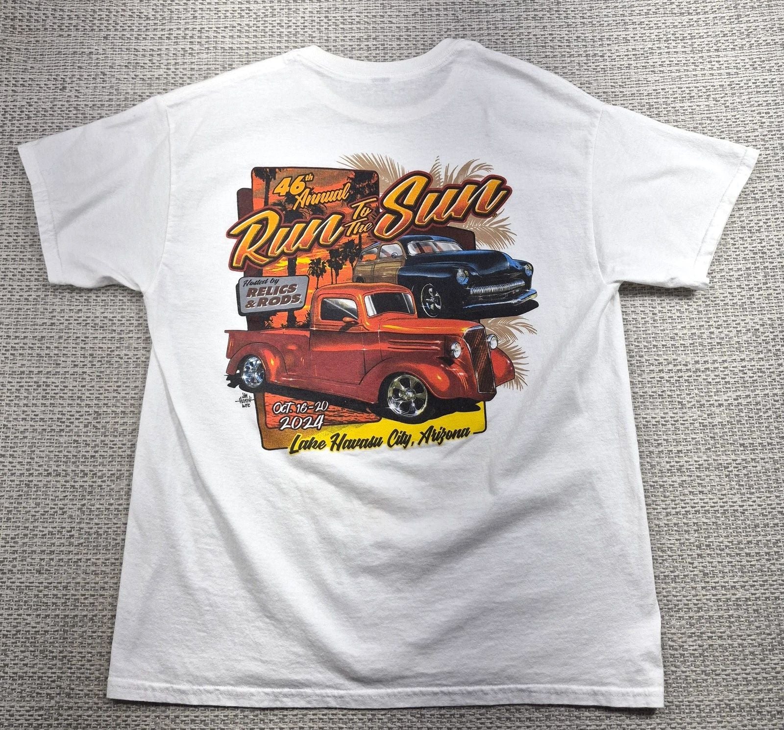 Run To The Sun 2024 Shirt Mens Large White Lake Havasu Hot Rod Graphic Tee