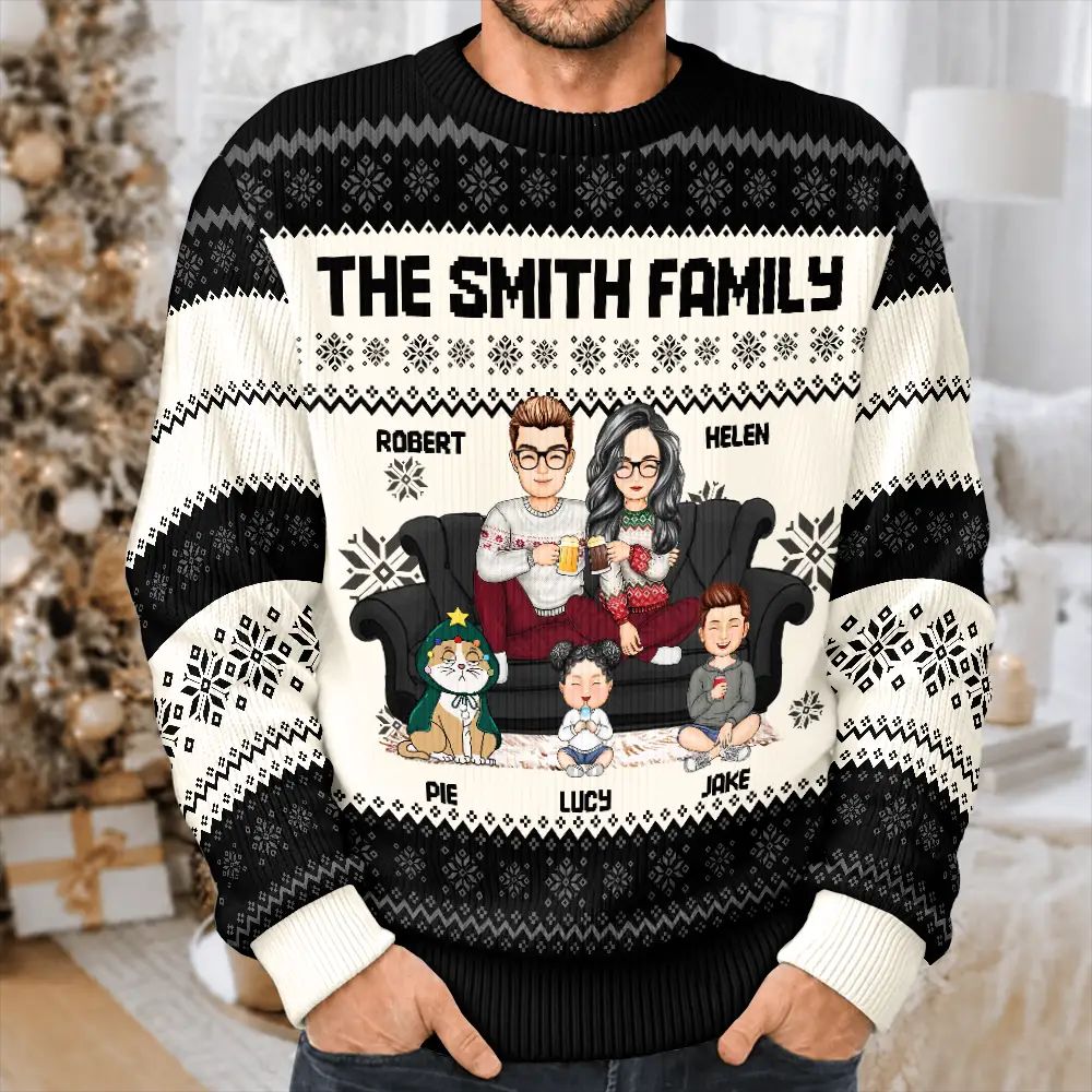 Cartoon Couple With Kids And Pets - Personalized Unisex Ugly Sweater
