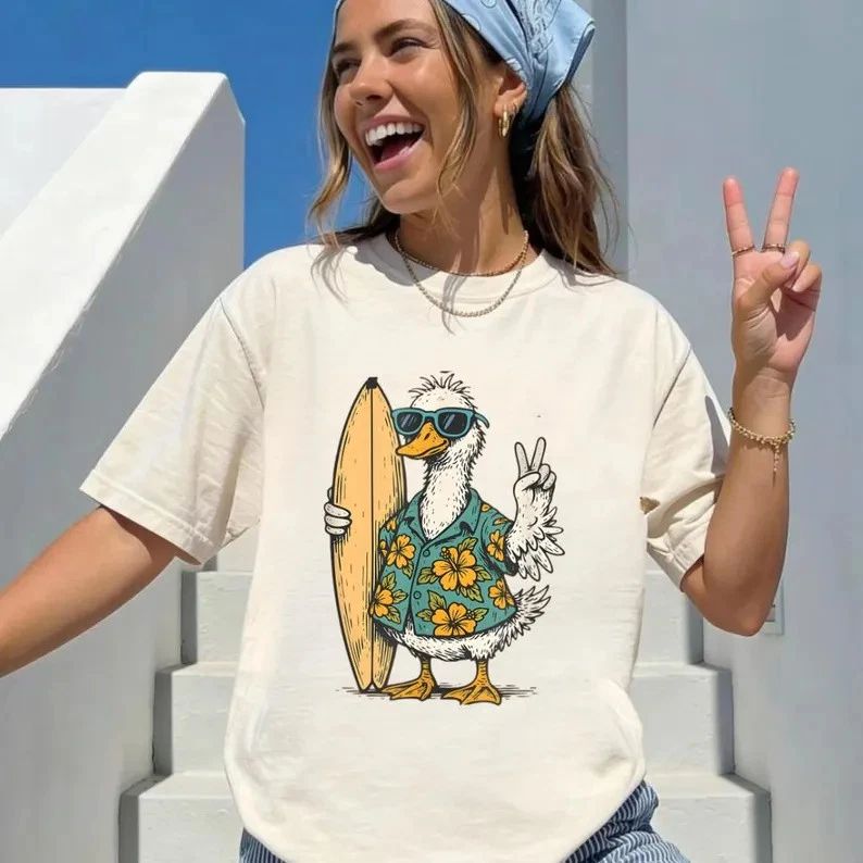 Surfing Duck Funny Beach Graphic Comfort Tee