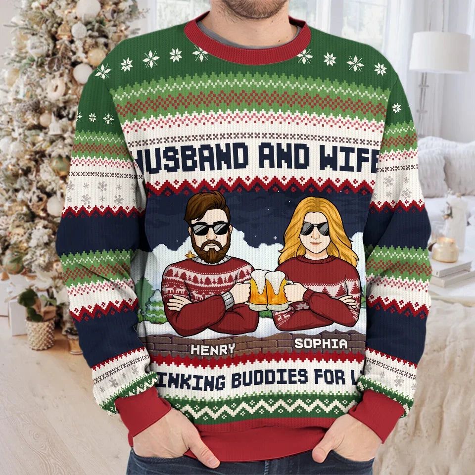 Cheers To Us And A Season Full Of Happiness - Couple Personalized Custom Ugly Sweatshirt - Unisex Wool Jumper - Christmas Gift For Husband, Wife, Couple